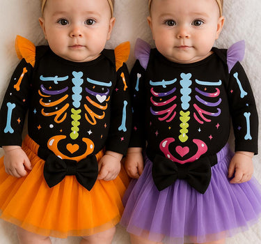 Baby Halloween Skeleton Outfit Set – Colorful Bones Onesie with Tutu Skirt & Bow Headband – Twin Costume Option – 0 to 18 Months