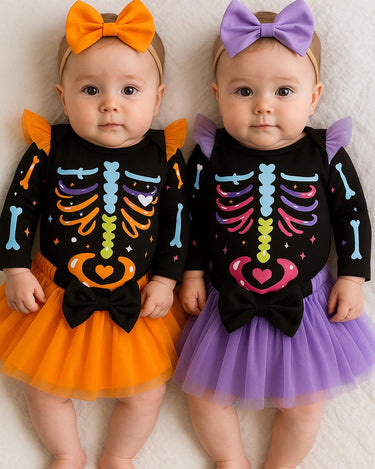 Baby Halloween Skeleton Outfit Set – Colorful Bones Onesie with Tutu Skirt & Bow Headband – Twin Costume Option – 0 to 18 Months