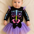 Baby Halloween Skeleton Outfit Set – Colorful Bones Onesie with Tutu Skirt & Bow Headband – Twin Costume Option – 0 to 18 Months
