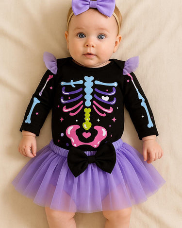 Baby Halloween Skeleton Outfit Set – Colorful Bones Onesie with Tutu Skirt & Bow Headband – Twin Costume Option – 0 to 18 Months