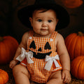 Plaid Pumpkin Baby Romper – 0-18 Months – Gingham Jack-O’-Lantern Outfit with Bows – Baby Girl Fall & Halloween Outfit