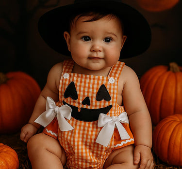 Plaid Pumpkin Baby Romper – 0-18 Months – Gingham Jack-O’-Lantern Outfit with Bows – Baby Girl Fall & Halloween Outfit