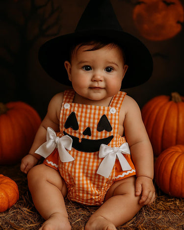 Plaid Pumpkin Baby Romper – 0-18 Months – Gingham Jack-O’-Lantern Outfit with Bows – Baby Girl Fall & Halloween Outfit
