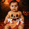 Plaid Pumpkin Baby Romper – 0-18 Months – Gingham Jack-O’-Lantern Outfit with Bows – Baby Girl Fall & Halloween Outfit