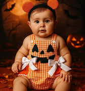 Plaid Pumpkin Baby Romper – 0-18 Months – Gingham Jack-O’-Lantern Outfit with Bows – Baby Girl Fall & Halloween Outfit