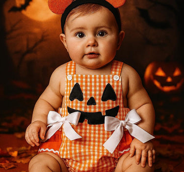 Plaid Pumpkin Baby Romper – 0-18 Months – Gingham Jack-O’-Lantern Outfit with Bows – Baby Girl Fall & Halloween Outfit