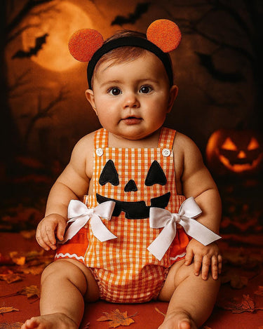 Plaid Pumpkin Baby Romper – 0-18 Months – Gingham Jack-O’-Lantern Outfit with Bows – Baby Girl Fall & Halloween Outfit