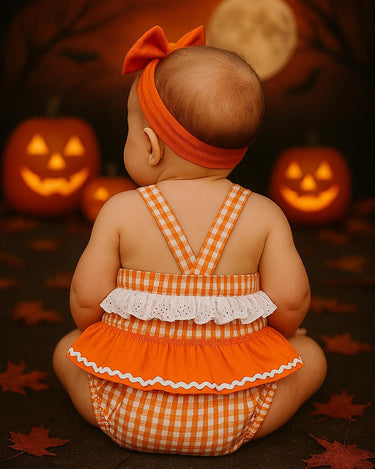 Plaid Pumpkin Baby Romper – 0-18 Months – Gingham Jack-O’-Lantern Outfit with Bows – Baby Girl Fall & Halloween Outfit