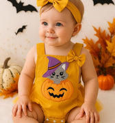 Baby Girl Halloween Romper with Matching Bow – 0-18 Months – Pumpkin & Witch Cat Outfit – Infant Fall Costume