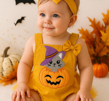 Baby Girl Halloween Romper with Matching Bow – 0-18 Months – Pumpkin & Witch Cat Outfit – Infant Fall Costume