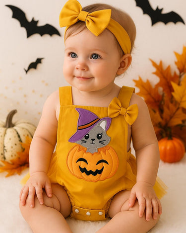 Baby Girl Halloween Romper with Matching Bow – 0-18 Months – Pumpkin & Witch Cat Outfit – Infant Fall Costume