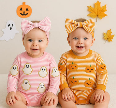 Baby Halloween Romper Set with Matching Bows – Pumpkin and Ghost Long Sleeve Outfits – 0-18 Months – Fall and Halloween Baby Clothes