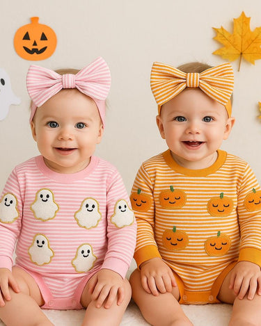 Baby Halloween Romper Set with Matching Bows – Pumpkin and Ghost Long Sleeve Outfits – 0-18 Months – Fall and Halloween Baby Clothes