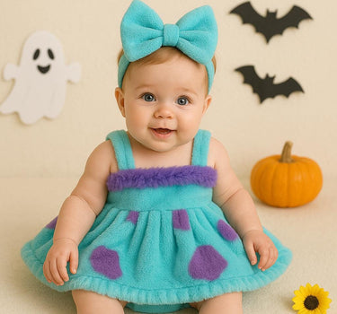Baby Sully Costume Romper Dress with Bow – Monster Inc Inspired Furry Outfit – Infant to 18 Months – Halloween or Birthday Party Dress