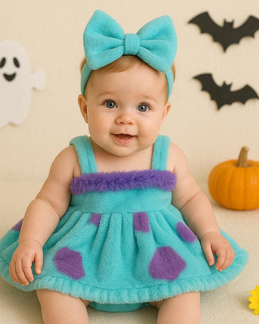 Baby Sully Costume Romper Dress with Bow – Monster Inc Inspired Furry Outfit – Infant to 18 Months – Halloween or Birthday Party Dress