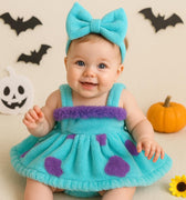 Baby Sully Costume Romper Dress with Bow – Monster Inc Inspired Furry Outfit – Infant to 18 Months – Halloween or Birthday Party Dress