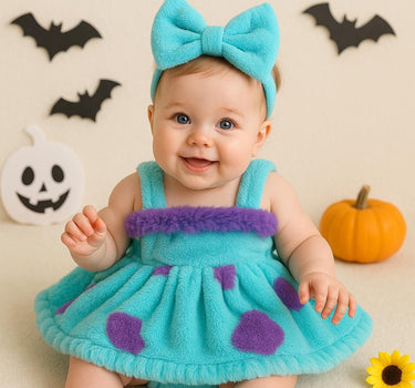 Baby Sully Costume Romper Dress with Bow – Monster Inc Inspired Furry Outfit – Infant to 18 Months – Halloween or Birthday Party Dress