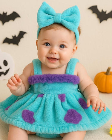 Baby Sully Costume Romper Dress with Bow – Monster Inc Inspired Furry Outfit – Infant to 18 Months – Halloween or Birthday Party Dress