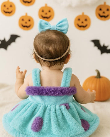 Baby Sully Costume Romper Dress with Bow – Monster Inc Inspired Furry Outfit – Infant to 18 Months – Halloween or Birthday Party Dress