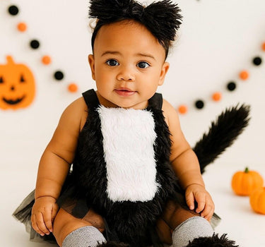 Baby Skunk Costume Outfit – 3-24M Furry Tutu Romper with Tail, Bow Headband and Leg Warmers – Infant & Toddler Halloween Animal Dress-Up