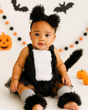 Baby Skunk Costume Outfit – 3-24M Furry Tutu Romper with Tail, Bow Headband and Leg Warmers – Infant & Toddler Halloween Animal Dress-Up