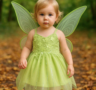 Baby Toddler Tinker Bell Costume with Wings – Green Fairy Dress for Girls, Halloween & Birthday Outfit