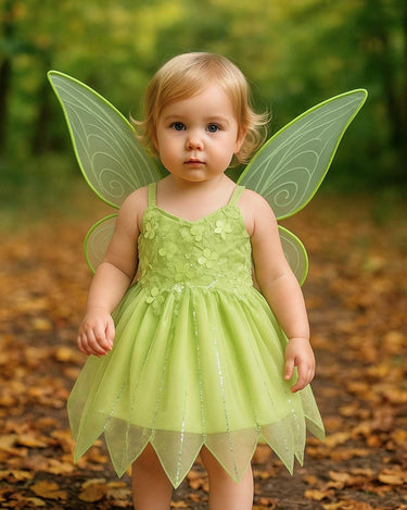 Baby Toddler Tinker Bell Costume with Wings – Green Fairy Dress for Girls, Halloween & Birthday Outfit
