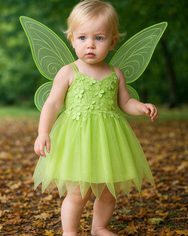 Baby Toddler Tinker Bell Costume with Wings – Green Fairy Dress for Girls, Halloween & Birthday Outfit