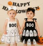 Baby Girl Halloween Ghost Dress - BOO Tutu Outfit with Bow - Black and White Matching Dresses - Sizes 0-24M