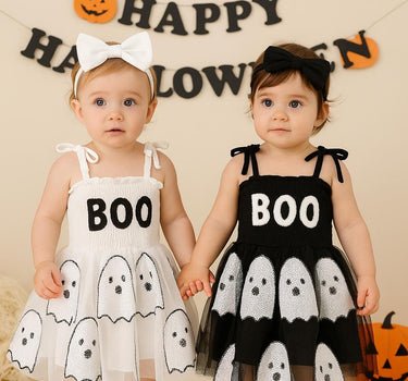 Baby Girl Halloween Ghost Dress - BOO Tutu Outfit with Bow - Black and White Matching Dresses - Sizes 0-24M