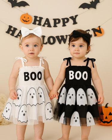Baby Girl Halloween Ghost Dress - BOO Tutu Outfit with Bow - Black and White Matching Dresses - Sizes 0-24M