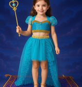 Girls Jasmine Princess Costume 4pcs Set – Skirt, Crown, Wand and Top | Sizes 4T-8 | Arabian Nights Halloween Outfit
