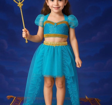 Girls Jasmine Princess Costume 4pcs Set – Skirt, Crown, Wand and Top | Sizes 4T-8 | Arabian Nights Halloween Outfit