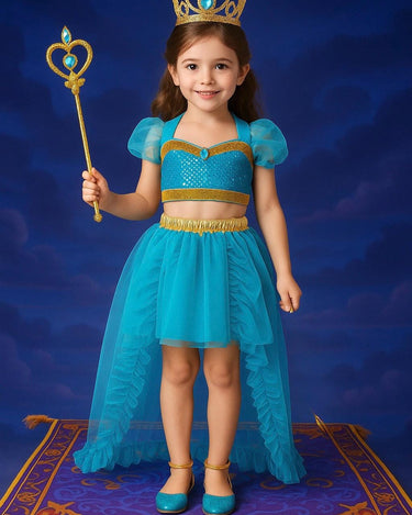 Girls Jasmine Princess Costume 4pcs Set – Skirt, Crown, Wand and Top | Sizes 4T-8 | Arabian Nights Halloween Outfit