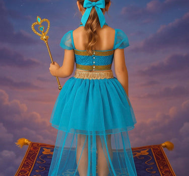 Girls Jasmine Princess Costume 4pcs Set – Skirt, Crown, Wand and Top | Sizes 4T-8 | Arabian Nights Halloween Outfit
