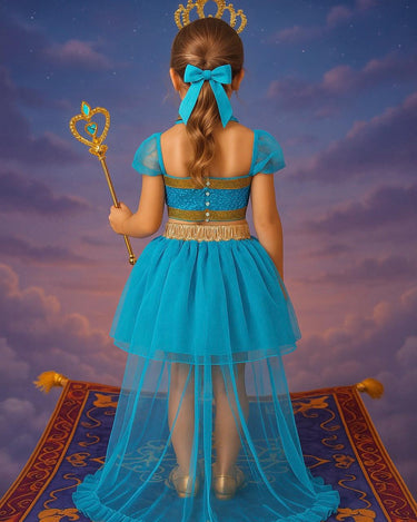 Girls Jasmine Princess Costume 4pcs Set – Skirt, Crown, Wand and Top | Sizes 4T-8 | Arabian Nights Halloween Outfit