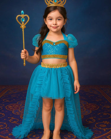 Girls Jasmine Princess Costume 4pcs Set – Skirt, Crown, Wand and Top | Sizes 4T-8 | Arabian Nights Halloween Outfit