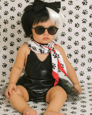 Baby and Toddler Cruella Costume - Black Romper and Dalmatian Scarf | Sizes 3M-3T | Villain Halloween Outfit