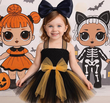 LOL Inspired Black & Gold Tutu Dress with Big Bow Headband – Birthday Outfit, Pageant, or Halloween Costume (12M–14T)