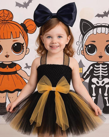 LOL Inspired Black & Gold Tutu Dress with Big Bow Headband – Birthday Outfit, Pageant, or Halloween Costume (12M–14T)