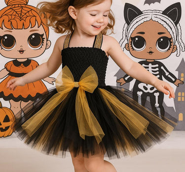 LOL Inspired Black & Gold Tutu Dress with Big Bow Headband – Birthday Outfit, Pageant, or Halloween Costume (12M–14T)