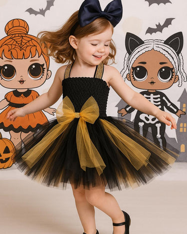 LOL Inspired Black & Gold Tutu Dress with Big Bow Headband – Birthday Outfit, Pageant, or Halloween Costume (12M–14T)