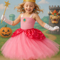 Princess Peach Tutu Dress with Crown, Wand, Gloves & Earrings – Kids Cosplay Costume Birthday Outfit