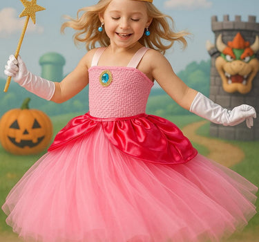 Princess Peach Tutu Dress with Crown, Wand, Gloves & Earrings – Kids Cosplay Costume Birthday Outfit