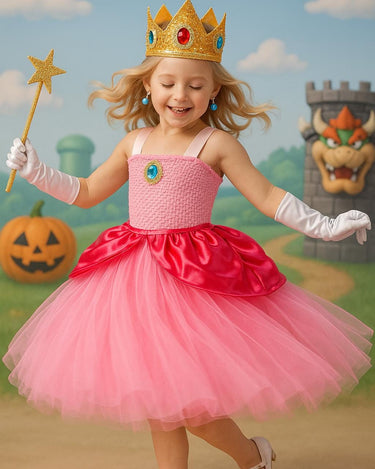 Princess Peach Tutu Dress with Crown, Wand, Gloves & Earrings – Kids Cosplay Costume Birthday Outfit