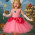 Princess Peach Tutu Dress with Crown, Wand, Gloves & Earrings – Kids Cosplay Costume Birthday Outfit