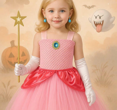 Princess Peach Tutu Dress with Crown, Wand, Gloves & Earrings – Kids Cosplay Costume Birthday Outfit