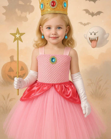 Princess Peach Tutu Dress with Crown, Wand, Gloves & Earrings – Kids Cosplay Costume Birthday Outfit