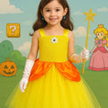 Princess Daisy Tutu Dress with Accessories – Crown Headband, Earrings, Wand and White Gloves – Girls Yellow & Orange Costume – Sizes 12M-14T