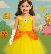 Princess Daisy Tutu Dress with Accessories – Crown Headband, Earrings, Wand and White Gloves – Girls Yellow & Orange Costume – Sizes 12M-14T
